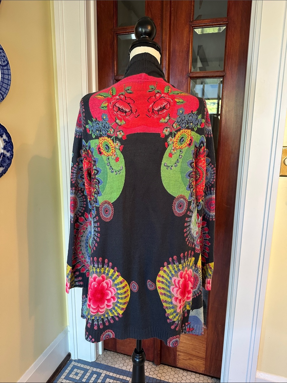 Desigual | Boho Mandala Open Front Draped Waterfall Cardigan Sweater, Size L